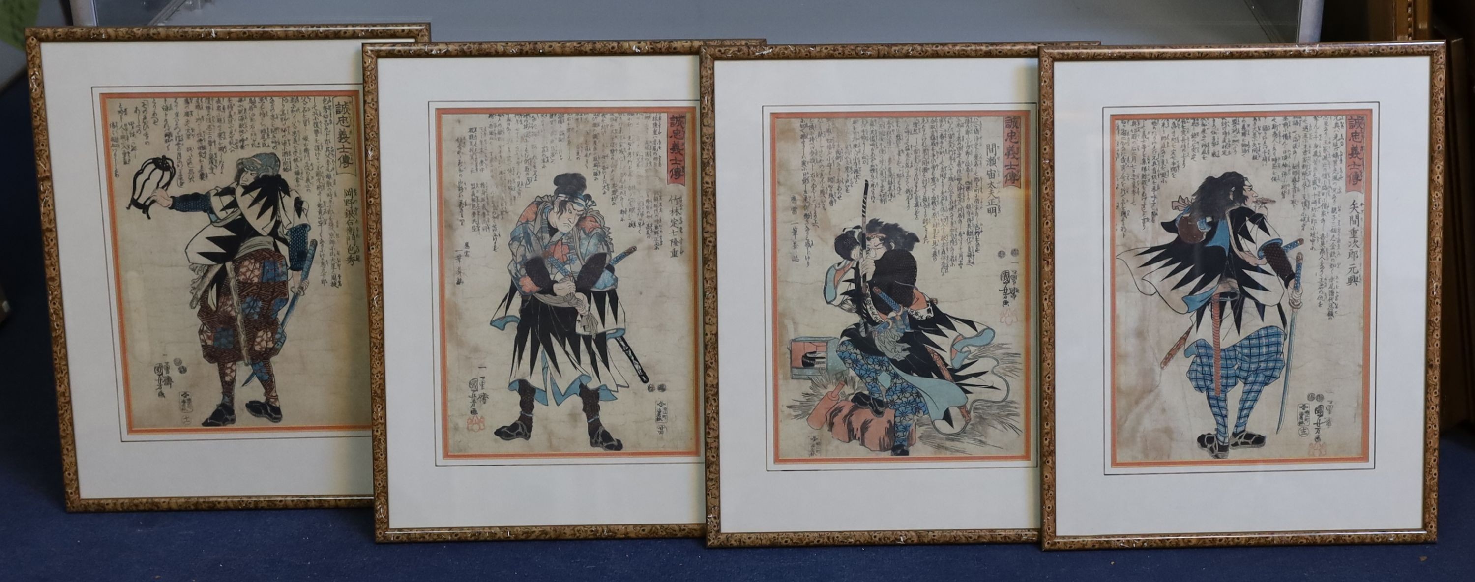 Utagawa Kuniyoshi (1797-1861) eight woodblock prints (yukiyo-e), from the series Faithful Samurai (Seichu gishi den), the story of the 47 Ronin, each 33 x 24cm, framed and glazed, staining